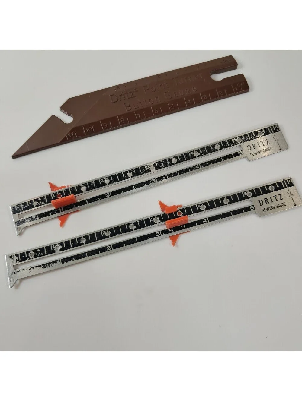 Vintage Dritz All Metal Measuring Sewing Gauge slide ruler & button gauge brown
